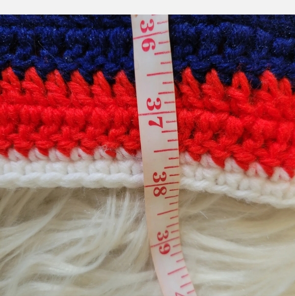 VTG 60's CROCHET KNIT Afghan Coat Cardigan Handmade Patriotic Red White Blue M/L - Picture 6 of 7